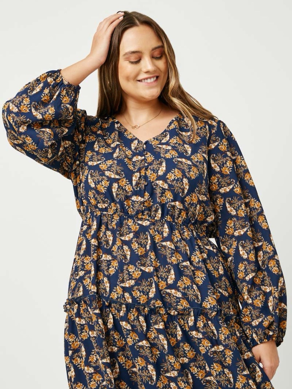 Hayden Navy and Gold Floral Long Sleeve Tiered Dress